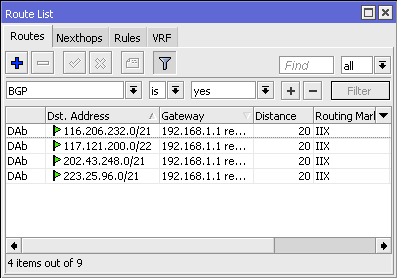 Semua DAb pada Router List akan memiliki routing mark=IIX atau bandwidth tipe lokal