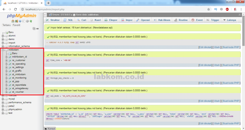 Hasil import database MIKBOTAM 